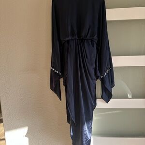 Elegant Navy Midi Dress with Embellished Sleeves